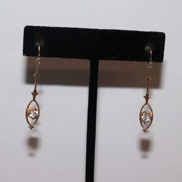 Vintage gold and CZ dangle screw-on dangle earrings 1 5/8" - Picture 1 of 5